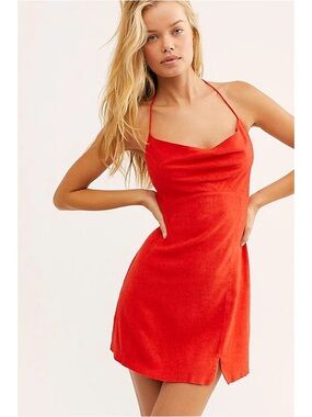 Free People Too Hot To Handle Red Slip Mini Dress with Cowl Neck
